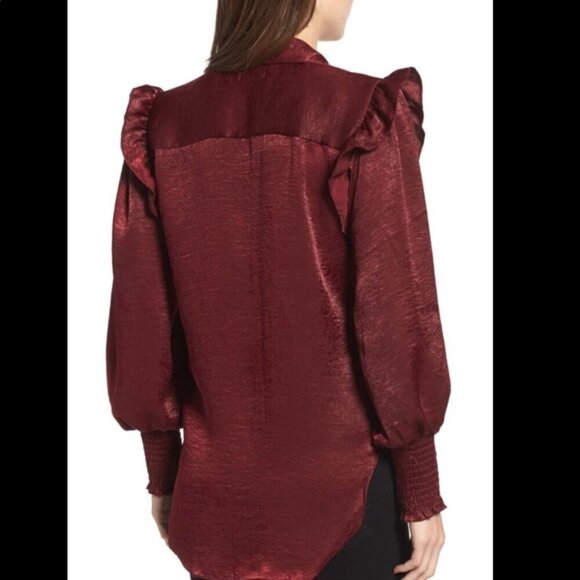 Misa LA Donata Satin Blouse M Maroon Smocked Cuffs Ruffle Shoulders/Pockets Top - Picture 3 of 14